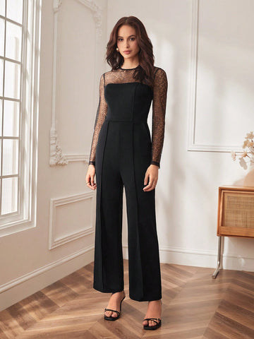 Contrast Mesh Yoke Wide Leg Jumpsuit Without Belt