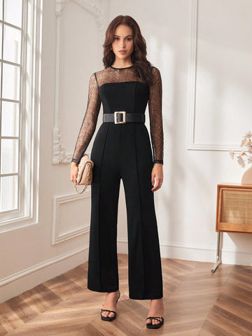 Contrast Mesh Yoke Wide Leg Jumpsuit Without Belt