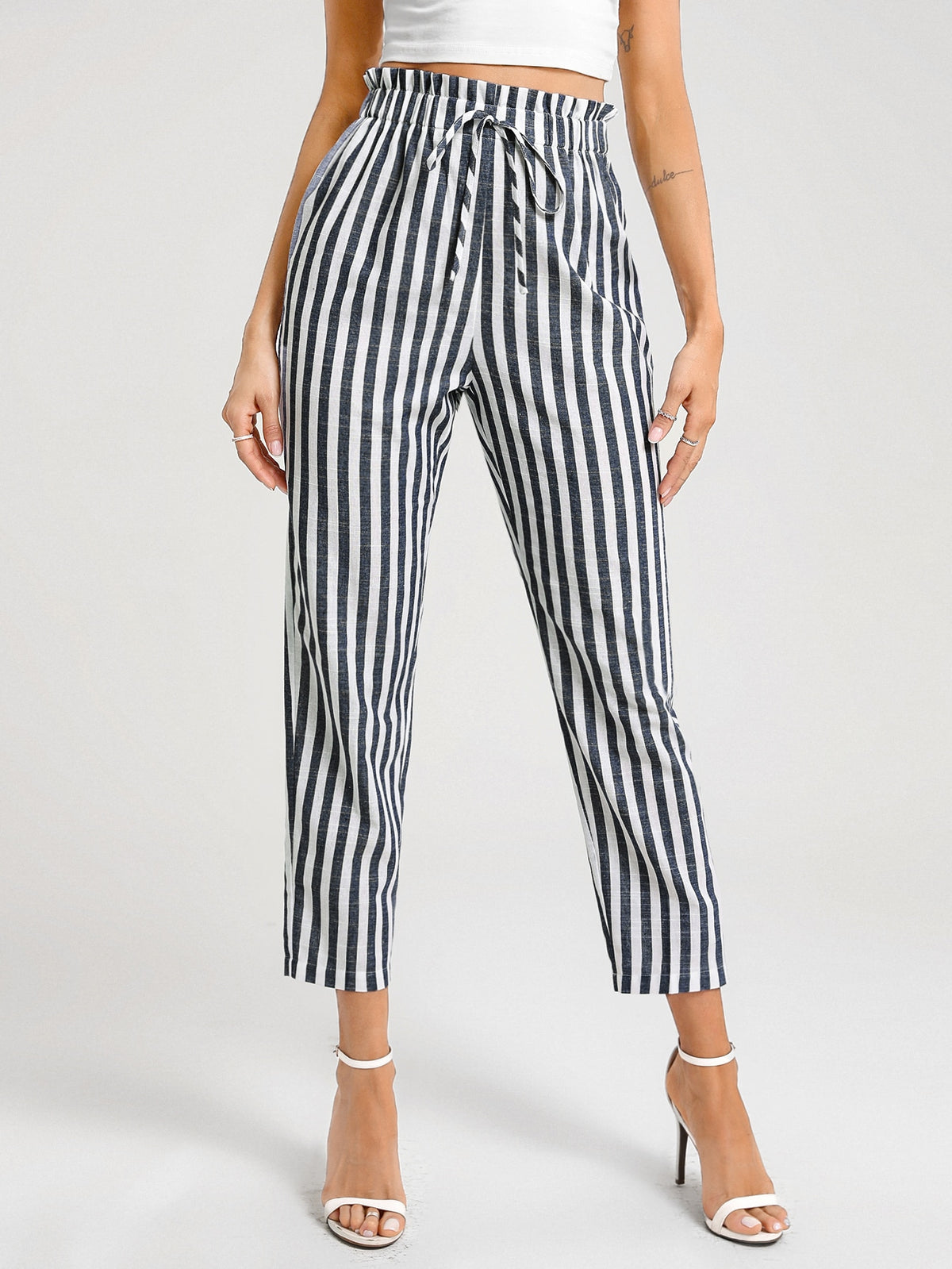 BIZwear Cotton Paperbag Waist Tie Front Striped Cropped Pants Workwear