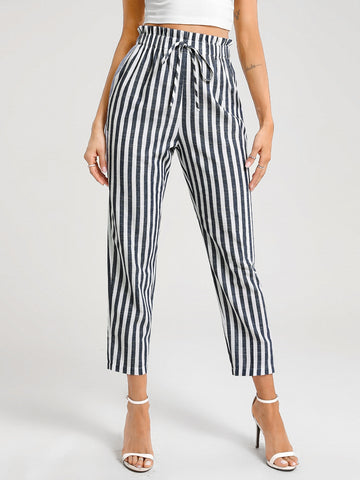 BIZwear Cotton Paperbag Waist Tie Front Striped Cropped Pants Workwear
