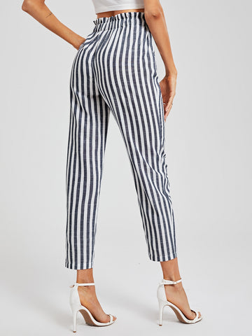 BIZwear Cotton Paperbag Waist Tie Front Striped Cropped Pants Workwear