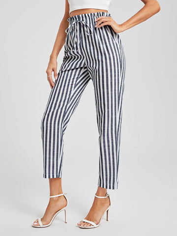 BIZwear Cotton Paperbag Waist Tie Front Striped Cropped Pants Workwear