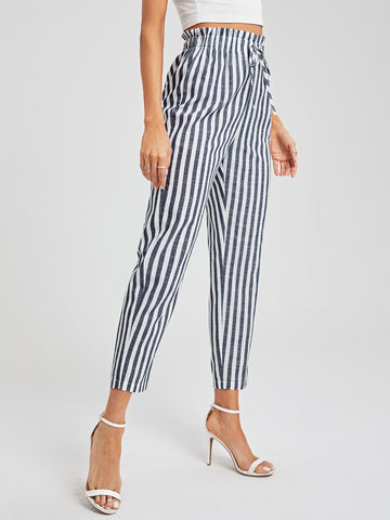 BIZwear Cotton Paperbag Waist Tie Front Striped Cropped Pants Workwear