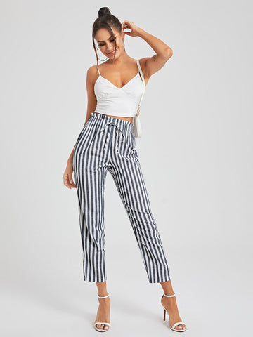 BIZwear Cotton Paperbag Waist Tie Front Striped Cropped Pants Workwear