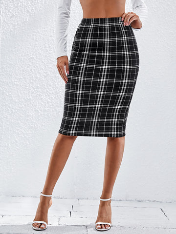BIZwear Elastic Waist Plaid Pencil Skirt Workwear