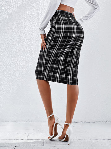 BIZwear Elastic Waist Plaid Pencil Skirt Workwear