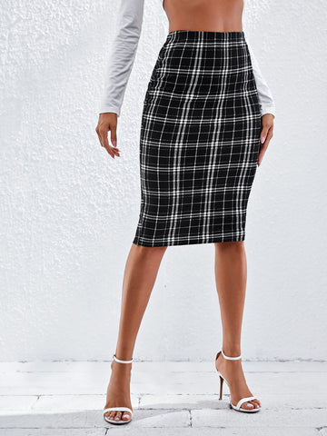 BIZwear Elastic Waist Plaid Pencil Skirt Workwear
