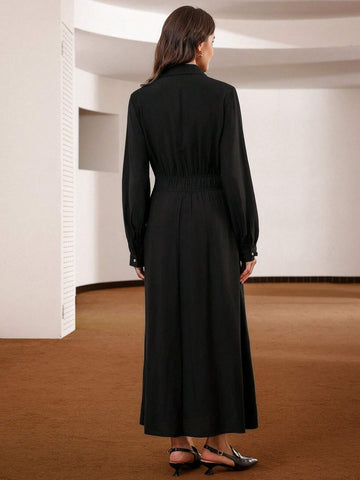 Elegant Business Casual Solid Color Fashion Polo Collar Button-Front Cinched-Waist Long
