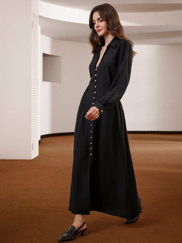 Elegant Business Casual Solid Color Fashion Polo Collar Button-Front Cinched-Waist Long