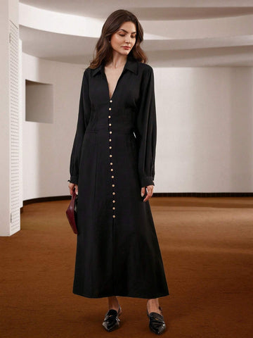 Elegant Business Casual Solid Color Fashion Polo Collar Button-Front Cinched-Waist Long