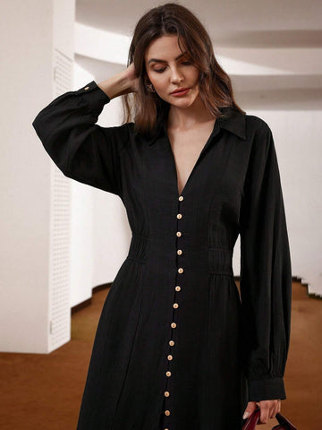 Elegant Business Casual Solid Color Fashion Polo Collar Button-Front Cinched-Waist Long