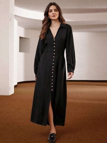 Elegant Business Casual Solid Color Fashion Polo Collar Button-Front Cinched-Waist Long