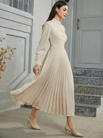 Elegant Commuter Graceful Stand Collar Pleated Long Sleeve Dress For Women