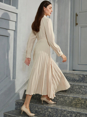 Elegant Commuter Graceful Stand Collar Pleated Long Sleeve Dress For Women
