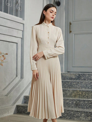 Elegant Commuter Graceful Stand Collar Pleated Long Sleeve Dress For Women