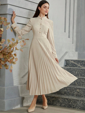 Elegant Commuter Graceful Stand Collar Pleated Long Sleeve Dress For Women