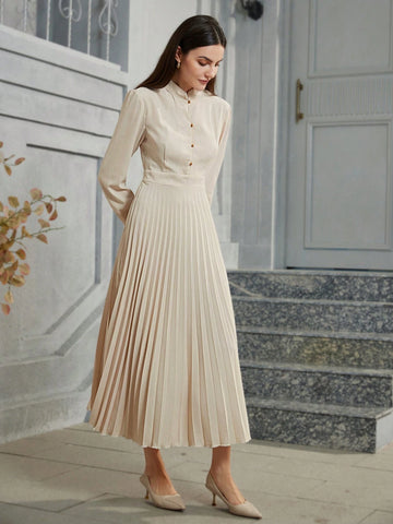 Elegant Commuter Graceful Stand Collar Pleated Long Sleeve Dress For Women