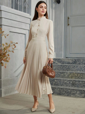 Elegant Commuter Graceful Stand Collar Pleated Long Sleeve Dress For Women