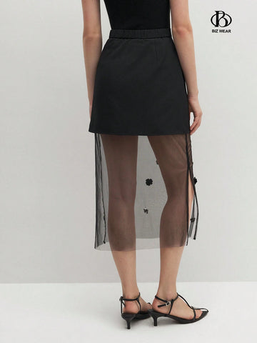 BIZwear Elegant High-Waisted Mesh Splice Skirt With 3D Flower Decoration And Side Slit, Summer