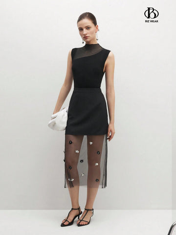 BIZwear Elegant High-Waisted Mesh Splice Skirt With 3D Flower Decoration And Side Slit, Summer