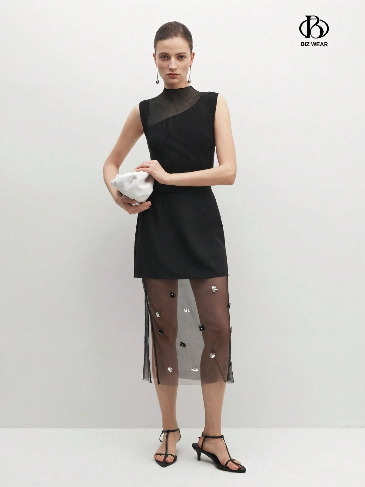 BIZwear Elegant High-Waisted Mesh Splice Skirt With 3D Flower Decoration And Side Slit, Summer