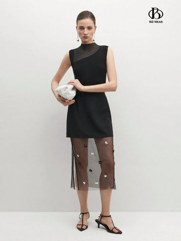 BIZwear Elegant High-Waisted Mesh Splice Skirt With 3D Flower Decoration And Side Slit, Summer