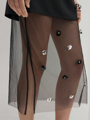 BIZwear Elegant High-Waisted Mesh Splice Skirt With 3D Flower Decoration And Side Slit, Summer