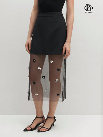 BIZwear Elegant High-Waisted Mesh Splice Skirt With 3D Flower Decoration And Side Slit, Summer
