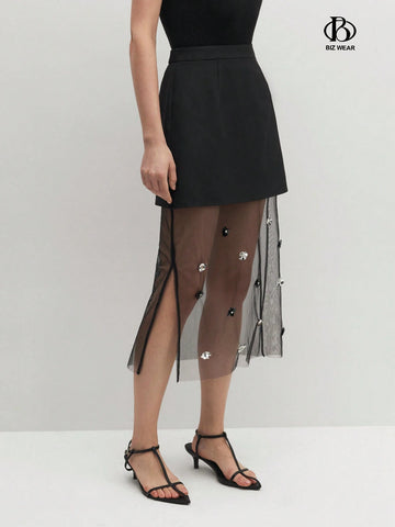 BIZwear Elegant High-Waisted Mesh Splice Skirt With 3D Flower Decoration And Side Slit, Summer