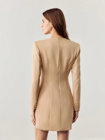 Elegant Ladies' Spring/Summer Solid Color V-Neck Single-Breasted Long Sleeve Short Dress