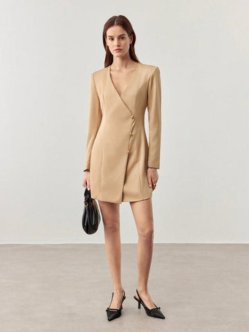 Elegant Ladies' Spring/Summer Solid Color V-Neck Single-Breasted Long Sleeve Short Dress