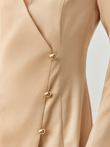 Elegant Ladies' Spring/Summer Solid Color V-Neck Single-Breasted Long Sleeve Short Dress