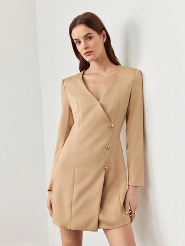 Elegant Ladies' Spring/Summer Solid Color V-Neck Single-Breasted Long Sleeve Short Dress