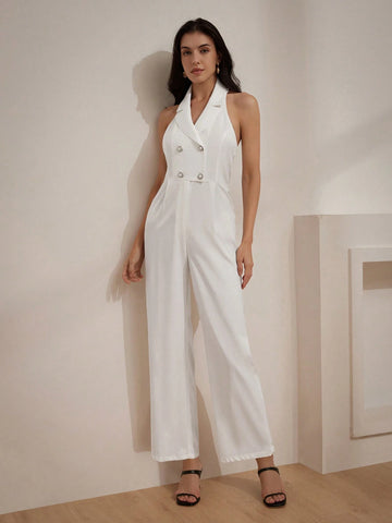 Elegant Sleeveless Lapel Suit Collar Jumpsuit With Waist Belt And Delicate Metal Buttons, Straight Wide Leg Women's Romper