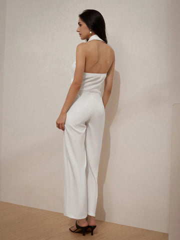 Elegant Sleeveless Lapel Suit Collar Jumpsuit With Waist Belt And Delicate Metal Buttons, Straight Wide Leg Women's Romper