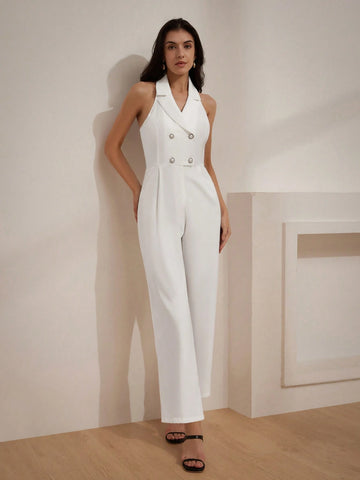 Elegant Sleeveless Lapel Suit Collar Jumpsuit With Waist Belt And Delicate Metal Buttons, Straight Wide Leg Women's Romper