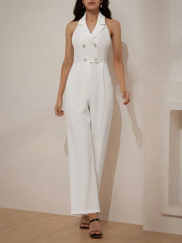 Elegant Sleeveless Lapel Suit Collar Jumpsuit With Waist Belt And Delicate Metal Buttons, Straight Wide Leg Women's Romper