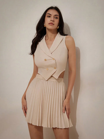 Elegant Sleeveless Vest & Short Suit Jacket With Pleated Skirt Women's Suit Set For Office Commute
