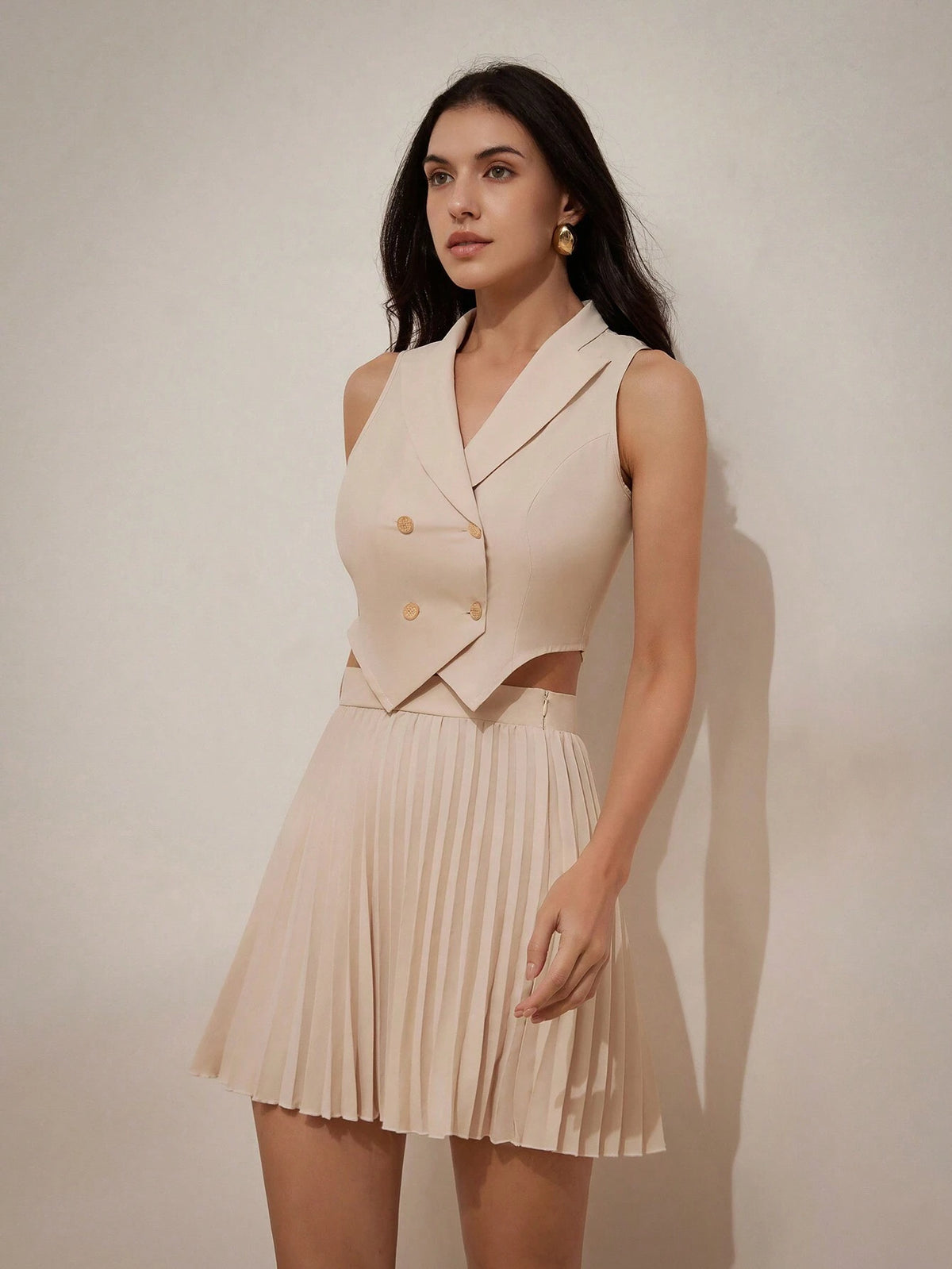 Elegant Sleeveless Vest & Short Suit Jacket With Pleated Skirt Women's Suit Set For Office Commute