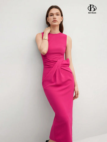 Elegant Women's Summer Ruched Waist Sleeveless Solid Color Dress