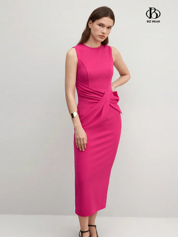 Elegant Women's Summer Ruched Waist Sleeveless Solid Color Dress