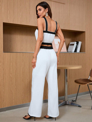 Fashionable French Style High-End Commuting Casual Color Block Spaghetti Strap Top And Long Pants With Metallic Buckle, 2-Piece Set For Women In Summer