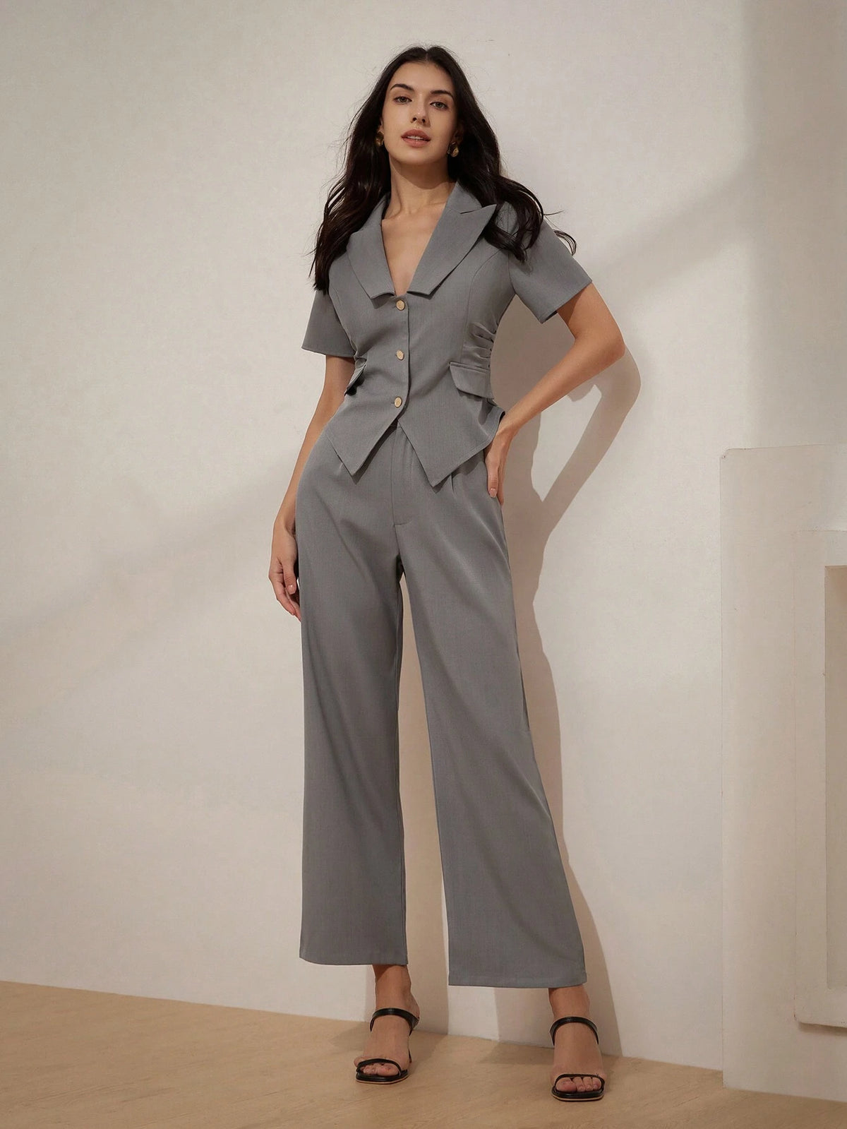 Fashionable Ruched Wide Leg Two-Piece Set With Professional & Stylish Vibe, Perfect For Commuting