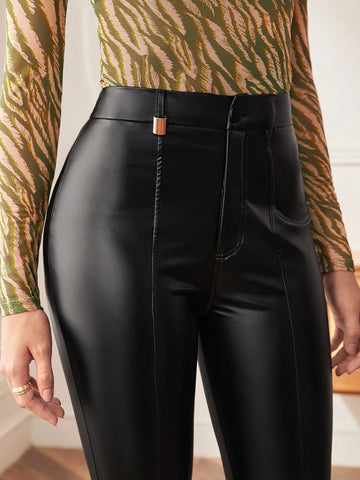 BIZwear High Waist Split Hem PU Leather Skinny Pants