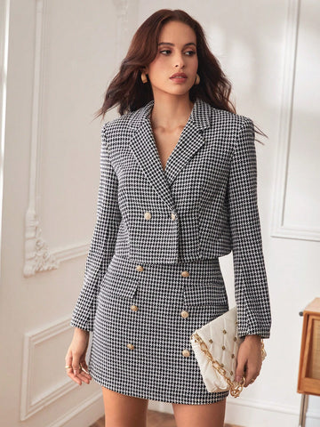 BIZwear Houndstooth Print Double Breasted Tweed Skirt