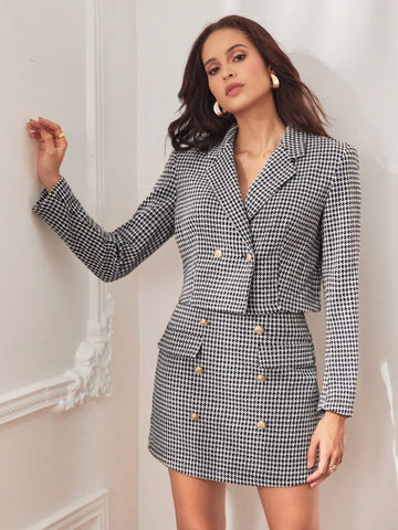 BIZwear Houndstooth Print Double Breasted Tweed Skirt