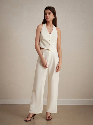 Lace Spliced Backless Spaghetti Strap Tank Top And Long Pants Women's Two Pieces Set With Metal Clasp