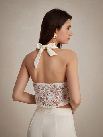 Lace Spliced Backless Spaghetti Strap Tank Top And Long Pants Women's Two Pieces Set With Metal Clasp