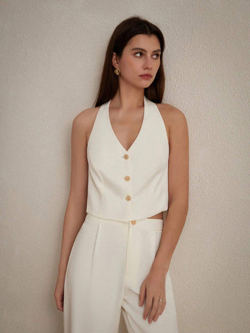 Lace Spliced Backless Spaghetti Strap Tank Top And Long Pants Women's Two Pieces Set With Metal Clasp