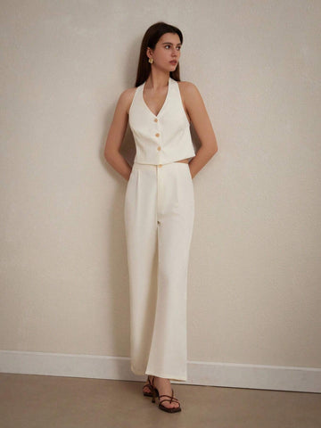 Lace Spliced Backless Spaghetti Strap Tank Top And Long Pants Women's Two Pieces Set With Metal Clasp